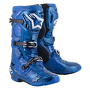 The Alpinestars Tech-10 MX Boots in blue, by ALPINESTARS, feature black and white accents, multiple buckles, protective panels, and a Dynamic Heel Compression Protector. These sturdy yet lightweight off-road riding boots have brand details on the sides and front.