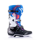 Introducing the Alpinestars Tech-10 Supervented Boots by ALPINESTARS, featuring a vibrant design with enhanced ventilation. The left boot combines blue, red, and purple accents with white details; the right showcases more blue with black and red elements, both prominently displaying the brand logo.