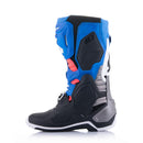 Introducing the Alpinestars Tech-10 Supervented Boots by ALPINESTARS, featuring a vibrant design with enhanced ventilation. The left boot combines blue, red, and purple accents with white details; the right showcases more blue with black and red elements, both prominently displaying the brand logo.