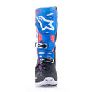 Introducing the Alpinestars Tech-10 Supervented Boots by ALPINESTARS, featuring a vibrant design with enhanced ventilation. The left boot combines blue, red, and purple accents with white details; the right showcases more blue with black and red elements, both prominently displaying the brand logo.