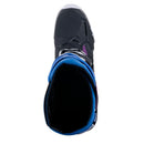 Introducing the Alpinestars Tech-10 Supervented Boots by ALPINESTARS, featuring a vibrant design with enhanced ventilation. The left boot combines blue, red, and purple accents with white details; the right showcases more blue with black and red elements, both prominently displaying the brand logo.