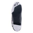 Introducing the Alpinestars Tech-10 Supervented Boots by ALPINESTARS, featuring a vibrant design with enhanced ventilation. The left boot combines blue, red, and purple accents with white details; the right showcases more blue with black and red elements, both prominently displaying the brand logo.