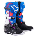 Introducing the Alpinestars Tech-10 Supervented Boots by ALPINESTARS, featuring a vibrant design with enhanced ventilation. The left boot combines blue, red, and purple accents with white details; the right showcases more blue with black and red elements, both prominently displaying the brand logo.