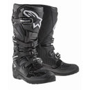 The Alpinestars Tech-7 Enduro Boots in black by Crown Kiwi Enterprises Limited feature a compound sole, multiple buckles, reinforced areas for ankle protection and support, and white logo details, making them ideal for off-road riding.
