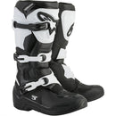 The Alpinestars Tech-3 MX Boots by ALPINESTARS in black and white feature multiple adjustable buckles, reinforced panels for optimal protection and support, a sleek modern design, and a prominent logo on the upper sections.