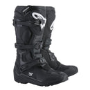 The Alpinestars Tech-3 Enduro Black, by Crown Kiwi Enterprises Limited, boasts reinforced sections, adjustable straps, and robust soles. These black motocross boots with white logos offer superb external protection, ideal for off-road riding.