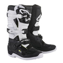 Alpinestars Stella Tech-3 MX Boots from Crown Kiwi Enterprises Limited are black and white with buckles, reinforced toes, and a unique logo on straps and shins. They offer impact protection, a women's fit, protective features, and a durable sole, ideal for off-road riding.