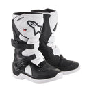 The Alpinestars Tech-3S Kids MX Boots by Crown Kiwi Enterprises Limited are high-performance motocross boots for youth riders, featuring protective straps and logos. They offer excellent ankle support with a sturdy, durable construction, perfect for off-road adventures in extreme conditions.