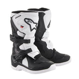 The Alpinestars Tech-3S Kids MX Boots by Crown Kiwi Enterprises Limited are high-performance motocross boots for youth riders, featuring protective straps and logos. They offer excellent ankle support with a sturdy, durable construction, perfect for off-road adventures in extreme conditions.
