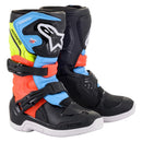 The Alpinestars Tech-3S Kids MX Boots by ALPINESTARS feature black, blue, orange, and neon yellow panels with buckle straps, protective accents, and a white star logo on the shin guard—perfect for young riders seeking style and safety on motocross adventures.