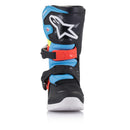 The Alpinestars Tech-3S Kids MX Boots by ALPINESTARS feature black, blue, orange, and neon yellow panels with buckle straps, protective accents, and a white star logo on the shin guard—perfect for young riders seeking style and safety on motocross adventures.