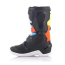 The Alpinestars Tech-3S Kids MX Boots by ALPINESTARS feature black, blue, orange, and neon yellow panels with buckle straps, protective accents, and a white star logo on the shin guard—perfect for young riders seeking style and safety on motocross adventures.