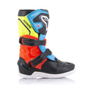 The Alpinestars Tech-3S Kids MX Boots by ALPINESTARS feature black, blue, orange, and neon yellow panels with buckle straps, protective accents, and a white star logo on the shin guard—perfect for young riders seeking style and safety on motocross adventures.