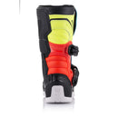 The Alpinestars Tech-3S Kids MX Boots by ALPINESTARS feature black, blue, orange, and neon yellow panels with buckle straps, protective accents, and a white star logo on the shin guard—perfect for young riders seeking style and safety on motocross adventures.