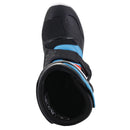 The Alpinestars Tech-3S Kids MX Boots by ALPINESTARS feature black, blue, orange, and neon yellow panels with buckle straps, protective accents, and a white star logo on the shin guard—perfect for young riders seeking style and safety on motocross adventures.