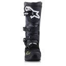 A pair of rugged, high-top black motocross boots with neon green accents. These Alpinestars Tech-5 MX Boots Black/Gray motorcycle accessories feature multiple buckles and straps for secure fastening, a reinforced toe, and a textured design with the ALPINESTARS logo prominently displayed on the front.