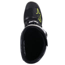 A pair of rugged, high-top black motocross boots with neon green accents. These Alpinestars Tech-5 MX Boots Black/Gray motorcycle accessories feature multiple buckles and straps for secure fastening, a reinforced toe, and a textured design with the ALPINESTARS logo prominently displayed on the front.