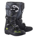 A pair of rugged, high-top black motocross boots with neon green accents. These Alpinestars Tech-5 MX Boots Black/Gray motorcycle accessories feature multiple buckles and straps for secure fastening, a reinforced toe, and a textured design with the ALPINESTARS logo prominently displayed on the front.