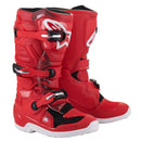 The Alpinestars Tech-7S MX Boots in bright red by Crown Kiwi Enterprises Limited are designed for youth riders, featuring black and white accents, sturdy buckles, reinforced padding for superior protection, a high-strength sole, and bold branding against a clean white background.