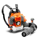 The Husqvarna Toy Backpack Bubble Blower Bundle by Husqvarna Toys features an attractive orange and grey design. It includes adjustable shoulder straps, a padded back, and a handheld blower nozzle. The blower stands upright like an MX motorbike, highlighting its compact yet durable build for outdoor fun.