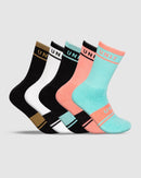 A set of five pairs of Equip Ladies Bamboo Hi Lux Socks is displayed on a gray background. These socks, from the brand Unit, come in various colors: black, white, pink, and teal, each featuring the word "UNIT" near the top cuff.