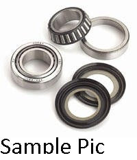 Various types of bearings and seals are arranged in a group. There are two metal bearings—one with a tapered roller design and one cylindrical—typical of the STEERING HEAD BEARING KIT ALL BALLS KAWASAKI by VERTEX, intended for a Suzuki DR650 or Kawasaki KLX400, along with two rubber oil seals. The text 'Sample Pic' is displayed at the bottom of the image.