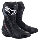 The Alpinestars Supertech R Boots by Crown Kiwi Enterprises Limited feature a textured design for grip, reinforced heel and toe, high-top construction for excellent ankle support, and come in black with white and red accents, complemented by stylized lettering and logos.