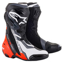 The Alpinestars Supertech R Boots by Crown Kiwi Enterprises Limited feature a sleek high-top design in black, white, red, and gray hues. They boast protective elements and bold branding on the sides.