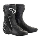 The Alpinestars S-MX Plus v2 Boots Black, offered by Crown Kiwi Enterprises Limited, boast a sleek design with reinforced protective panels and advanced protection. Ergonomically shaped, they feature a top buckle closure, Alpinestars logos, and textured surfaces for improved grip.