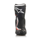 The Alpinestars S-MX Plus v2 Boots by Crown Kiwi Enterprises Limited feature a sleek black/white design. They offer reinforced ankle protection, textured soles for grip, and incorporate the Multi-Link Control (MLC) system for enhanced riding stability.