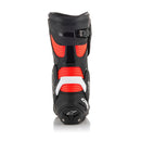 The Alpinestars S-MX Plus v2 Boots by Crown Kiwi Enterprises Limited feature a sleek black/white design. They offer reinforced ankle protection, textured soles for grip, and incorporate the Multi-Link Control (MLC) system for enhanced riding stability.