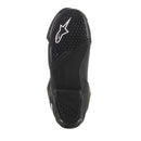 The Alpinestars S-MX Plus v2 Boots by Crown Kiwi Enterprises Limited feature a sleek black/white design. They offer reinforced ankle protection, textured soles for grip, and incorporate the Multi-Link Control (MLC) system for enhanced riding stability.
