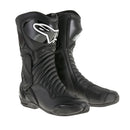 The Alpinestars S-MX 6 V2 Boot Black by Crown Kiwi Enterprises Limited is a track performance riding boot. It features protective armor, a glossy finish with white logos, reinforced sections, and high ankle support for ergonomic comfort and a sleek design.