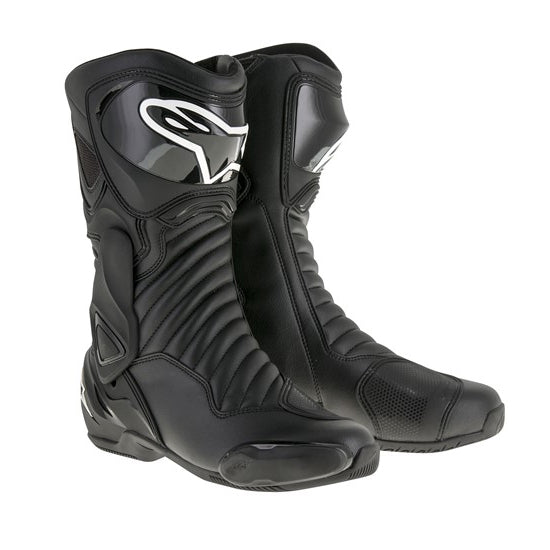 The Alpinestars S-MX 6 V2 Boot Black by Crown Kiwi Enterprises Limited is a track performance riding boot. It features protective armor, a glossy finish with white logos, reinforced sections, and high ankle support for ergonomic comfort and a sleek design.