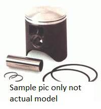 An image of the PISTON KIT VERTEX YAMAHA YZ85 19-ON 47.47MM by VERTEX, including pistons, piston rings, wrist pin, and circlips is shown. Text in the image reads "Sample pic only, not actual model." The high-quality piston features cutouts and a partly visible metallic top, with components arranged around it.