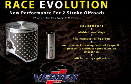 Advertisement: Discover the power of Vertex Pistons with the PISTON KIT VERTEX RACE EVOLUTION for GASGAS MC85 2021, HUSQVARNA TC85 14-21, and KTM 85SX 03-21 (46.95MM). Featuring advanced off-road pistons with reduced top land, nitrided steel rings, and MoS2 coating, these pistons are engineered for peak performance and durability.