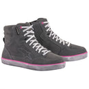 Introducing the Alpinestars J-6 WP Shoes for women by Crown Kiwi Enterprises Limited. These high-top sneakers feature a sleek gray design with pink accents and white laces, perfectly embodying a casual, sporty vibe. The subtle logo on the side adds a touch of style, while the light gray soles enhance the overall color scheme. Designed to be waterproof, these shoes are ideal for urban adventures, keeping your feet dry even in wet conditions.