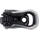 Close-up of the Alpinestars Buckle Base Support Tech-10 by ALPINESTARS, showcasing a metallic and black design. It features a central black component within a silver frame, swiveling hook, and visible screws for heavy-duty lifting tasks.