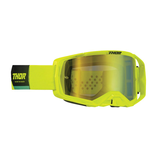 The THOR MX GOGGLES S23 ACTIVATE ACID BLACK feature a pair of neon yellow motocross goggles with a reflective, anti-fog visor. The adjustable strap is yellow with a black section displaying the "THOR" brand name in white text. Their sleek and protective design offers UV protection, making them ideal for off-road riding.