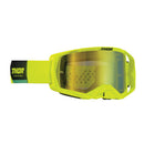The THOR MX GOGGLES S23 ACTIVATE ACID BLACK feature a pair of neon yellow motocross goggles with a reflective, anti-fog visor. The adjustable strap is yellow with a black section displaying the "THOR" brand name in white text. Their sleek and protective design offers UV protection, making them ideal for off-road riding.