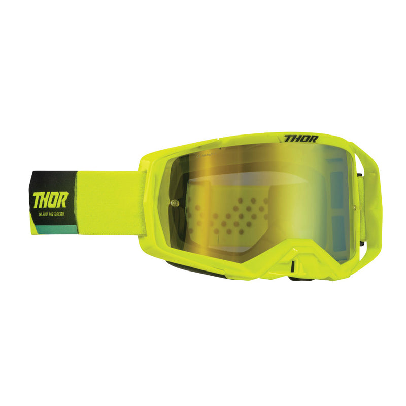 The THOR MX GOGGLES S23 ACTIVATE ACID BLACK feature a pair of neon yellow motocross goggles with a reflective, anti-fog visor. The adjustable strap is yellow with a black section displaying the "THOR" brand name in white text. Their sleek and protective design offers UV protection, making them ideal for off-road riding.