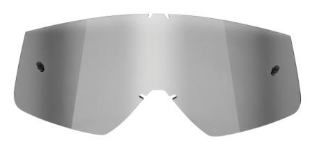 A transparent, frameless visor or lens with a slight curve. The GOGGLE LENS THOR CONQUER COMBAT SNIPER MIRROR features attachment points on both sides and a notched area at the bottom center. The surface is smooth and reflective, designed for use with helmets or protective gear.