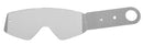 A transparent GOGGLE THOR TEAROFFS 10PK SNIPER from THOR MX, crafted for ease with a thumb tab. The tear-offs feature a curved design and slots for precise attachment to the goggle. The thumb tab includes a circular hole, inspired by Thor’s precision, ensuring effortless handling and removal.