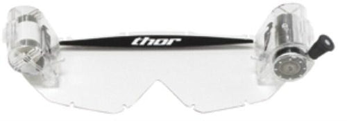 A pair of transparent motocross goggles with a black bridge that has the word "thor" written on it. The THOR MX THOR TOTAL VISION ROLL OFF SYSTEM COMBAT goggles feature an anti-fog scratch-resistant lens and rolloff systems on both sides designed to keep the lenses clear of mud.