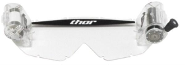 A pair of transparent motocross goggles with a black bridge that has the word "thor" written on it. The THOR MX THOR TOTAL VISION ROLL OFF SYSTEM COMBAT goggles feature an anti-fog scratch-resistant lens and rolloff systems on both sides designed to keep the lenses clear of mud.