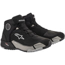 The Alpinestars CR-X Drystar Riding Shoes from ALPINESTARS are black and gray high-tops with sporty design, protective features, Velcro top straps, and white logoed soles. They provide all-day comfort without sacrificing protection.