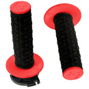Two black and red DEFY MX LOCK ON GRIPS TORC 1 ENDURO BLACK RED by TORC1 RACING are shown. Each grip features a textured, black surface for slip-free performance, red flanges at the ends, and red end caps with a logo. One grip is positioned upright, while the other is laid flat, displaying the lock-on clamp crafted from CNC machined aluminum.