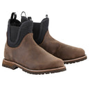 The Alpinestars Turnstone Shoes by Crown Kiwi Enterprises Limited are a stylish pair of brown bovine leather pull-on Chelsea boots, featuring black elastic side panels and sturdy rubber soles. Designed with a round toe and pull tabs for easy wear, these protective riding shoes are elegantly displayed on a white background.