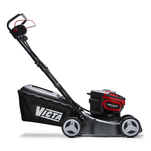 The Victa Corvette Twin 16" 18V Lawnmower - Console Only is a black and red cordless electric lawnmower that features a V-shaped handle. It has four wheels and includes a grass collection bag attached at the back. Powered by the Corvette Twin 18V Durable battery pack, its front section boasts advanced brushless motor technology for efficient mowing.