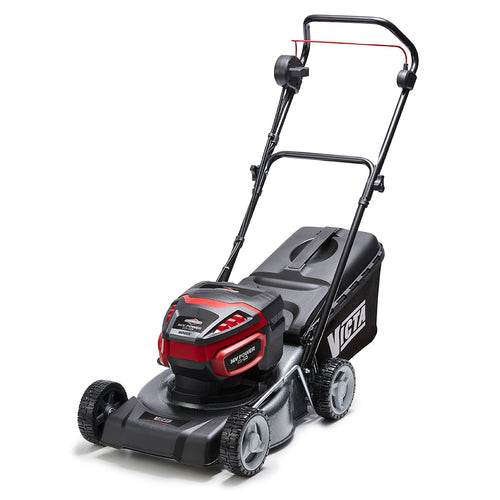 The Victa Corvette Twin 16" 18V Lawnmower - Console Only is a black and red cordless electric lawnmower that features a V-shaped handle. It has four wheels and includes a grass collection bag attached at the back. Powered by the Corvette Twin 18V Durable battery pack, its front section boasts advanced brushless motor technology for efficient mowing.